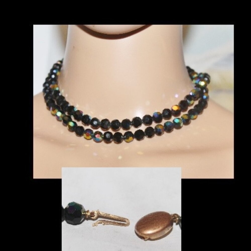 1950's Black Aurora Borealis Crystal Necklace w Unique Locking Closure